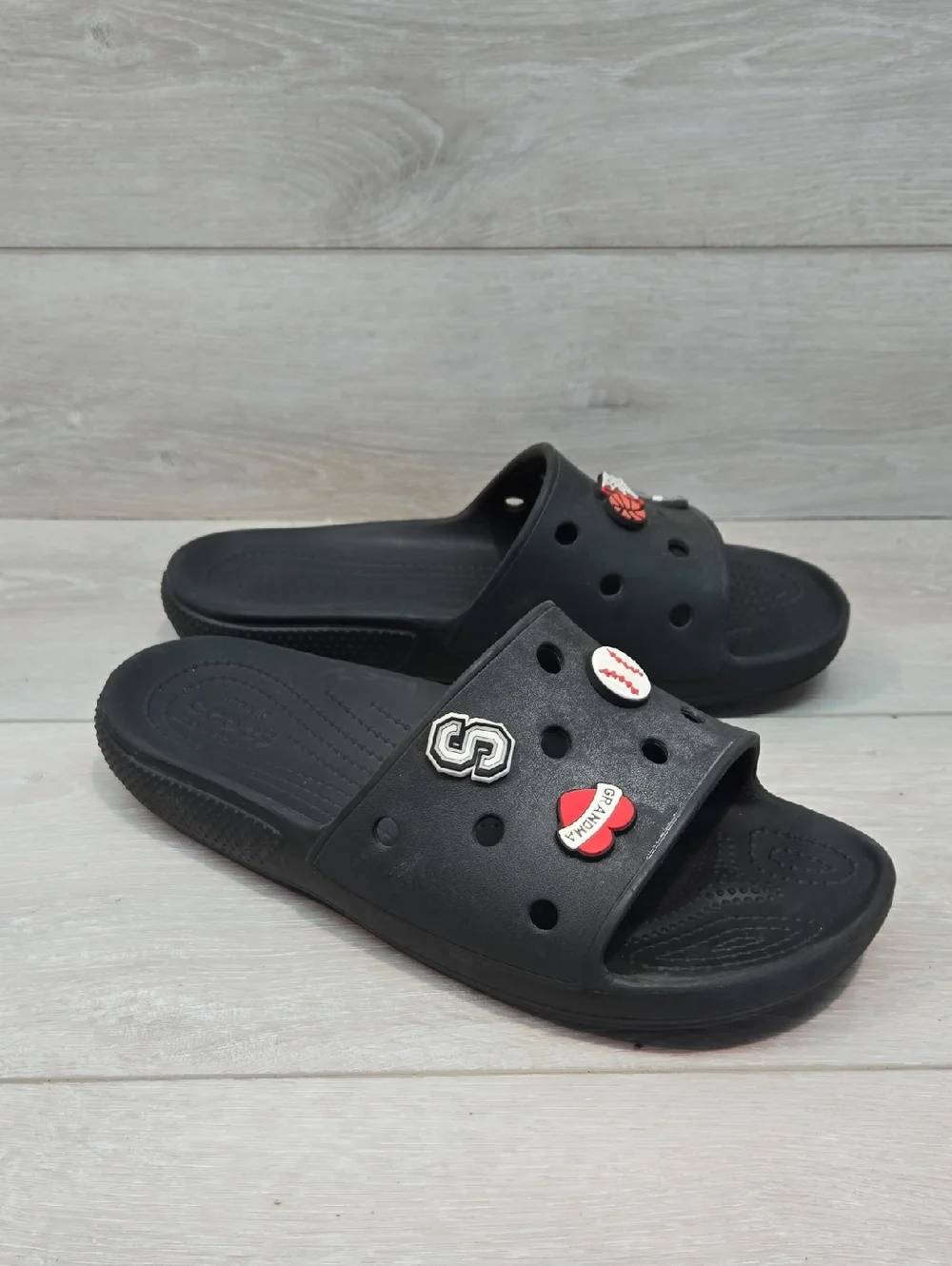 Crocs Women Black Slide Sandals with Sport Charms Flats Shoes Sz W12 M10